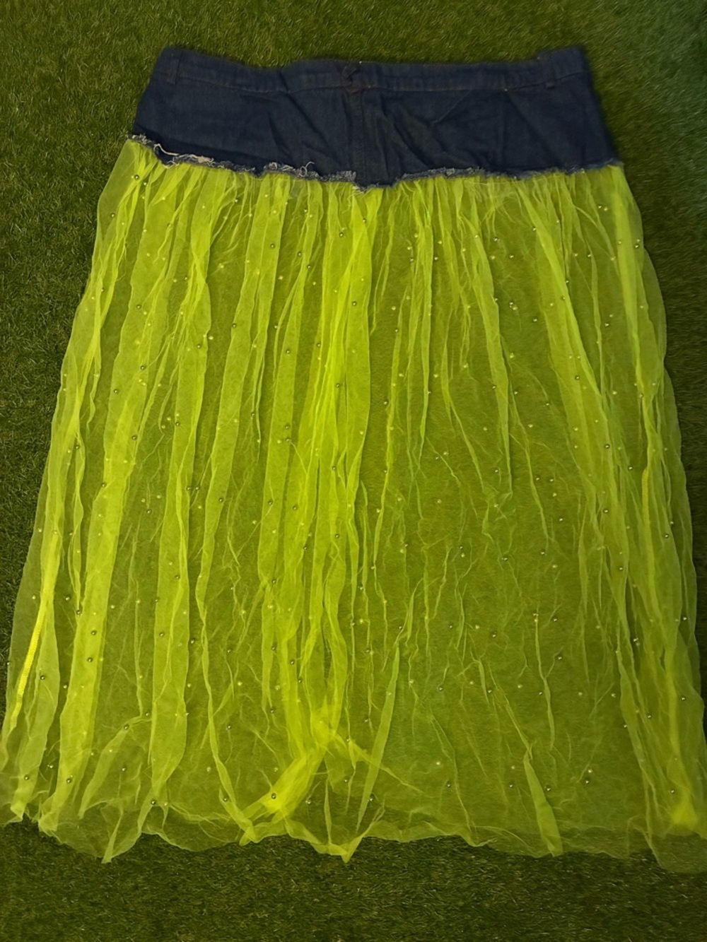 Denim-Waist Neon Green Tulle Maxi Skirt - Picture 5 of 5